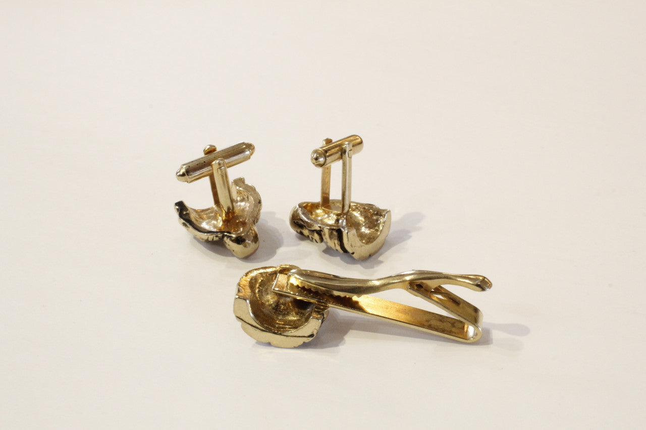 Vintage Buddha cufflinks and tie clip set - gold tone