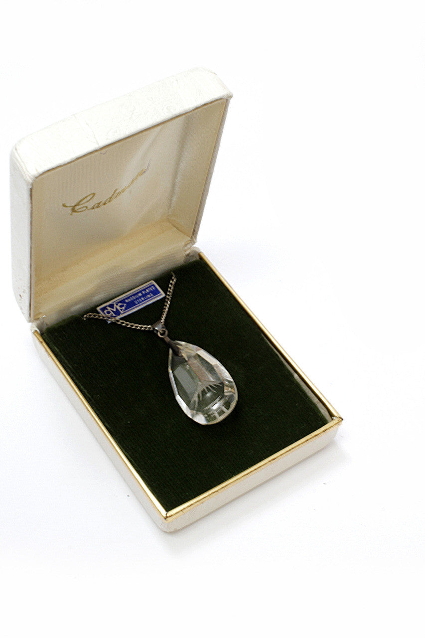 Vintage, Etched, Crystal, Pendant, Sterling Silver Chain, Necklace