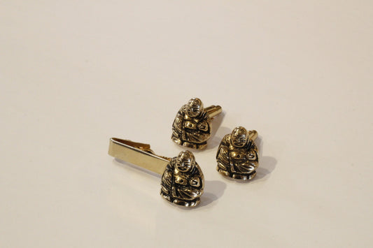 Vintage Buddha cufflinks and tie clip set - gold tone