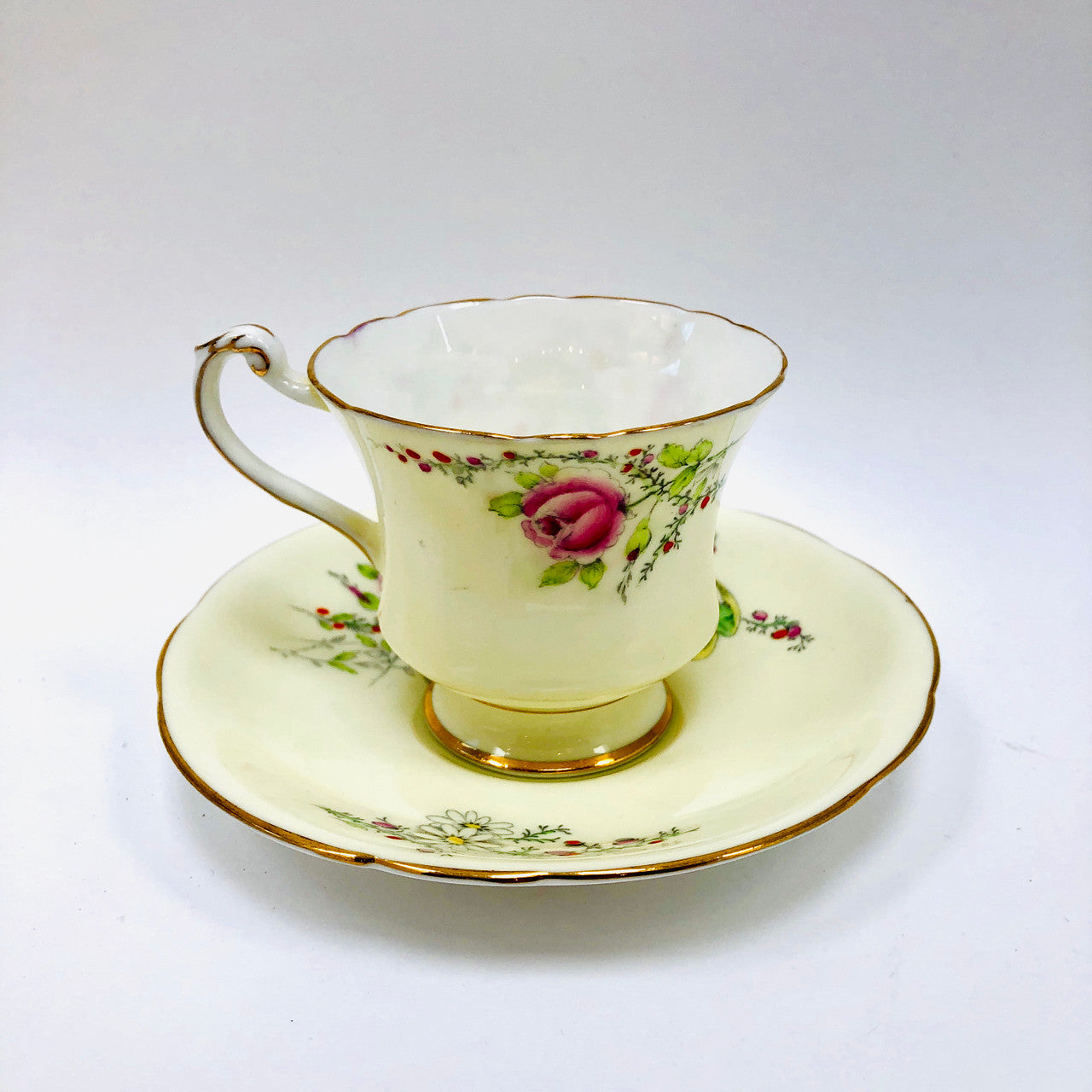 Vintage, Princess Margaret Rose, Footed, Cup and Saucer, Paragon, England, Budgies, Parakeets, Birds, Cream, Tea cup, Teacup, Saucer