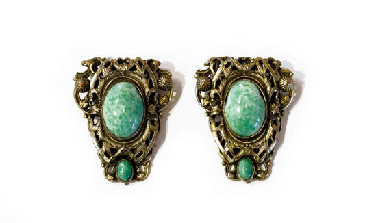 Antique, Dress Clips, Triangular, Oval Bezel, Green, Metal, brass