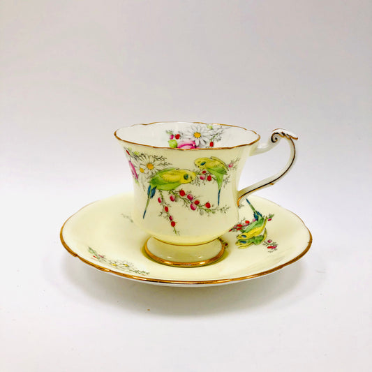 Vintage, Princess Margaret Rose, Footed, Cup and Saucer, Paragon, England, Budgies, Parakeets, Birds, Cream, Tea cup, Teacup, Saucer