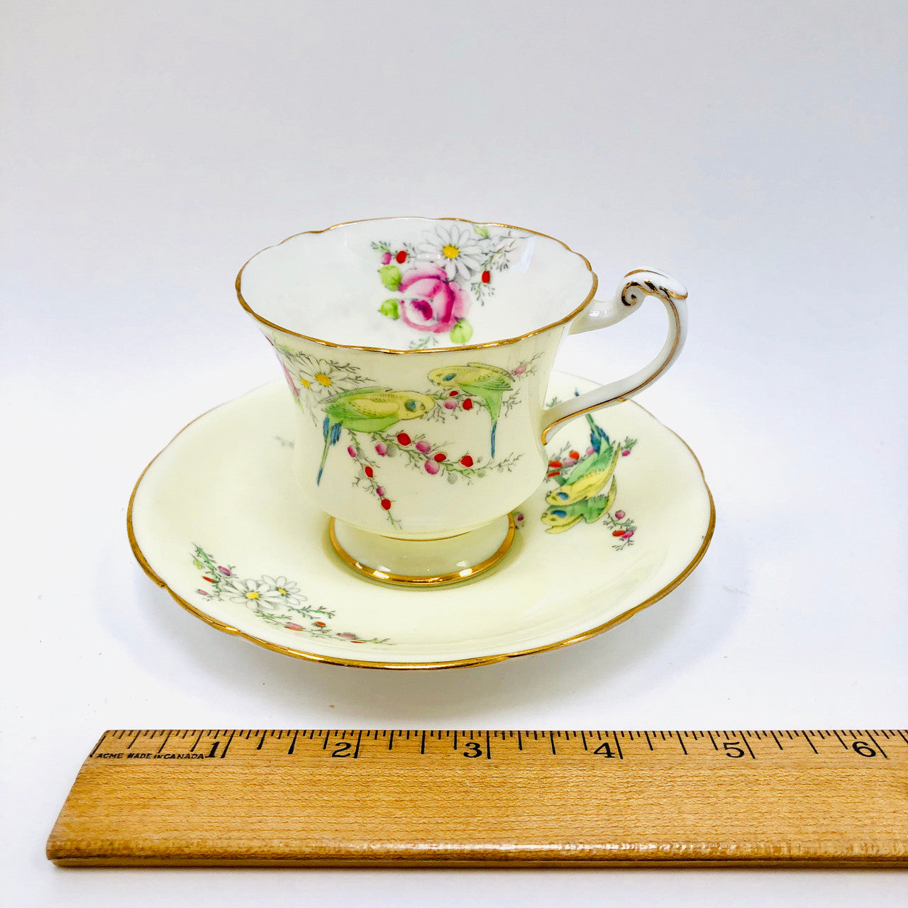 Vintage, Princess Margaret Rose, Footed, Cup and Saucer, Paragon, England, Budgies, Parakeets, Birds, Cream, Tea cup, Teacup, Saucer