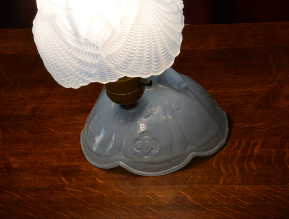 Vintage, Blue, Glass, Figural, Figurine, Table Lamp, Apex, Lady with Umbrella