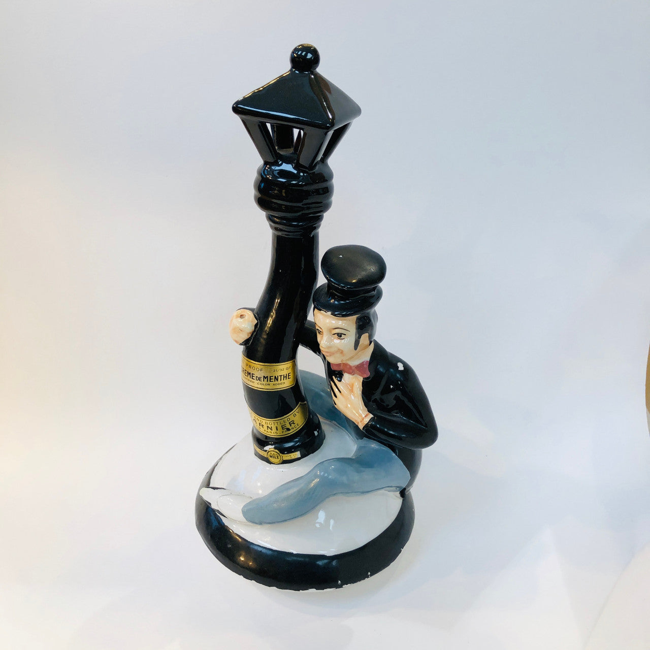 Mid-Centry, Ceramic, Figural, Decanter, Garnier, Creme de Menthe, Tipsy, Gentleman, Top Hat, Lamp Post, France, Modele Esclusif GARNIER Liqueurs ENGHIEN~FRANCE