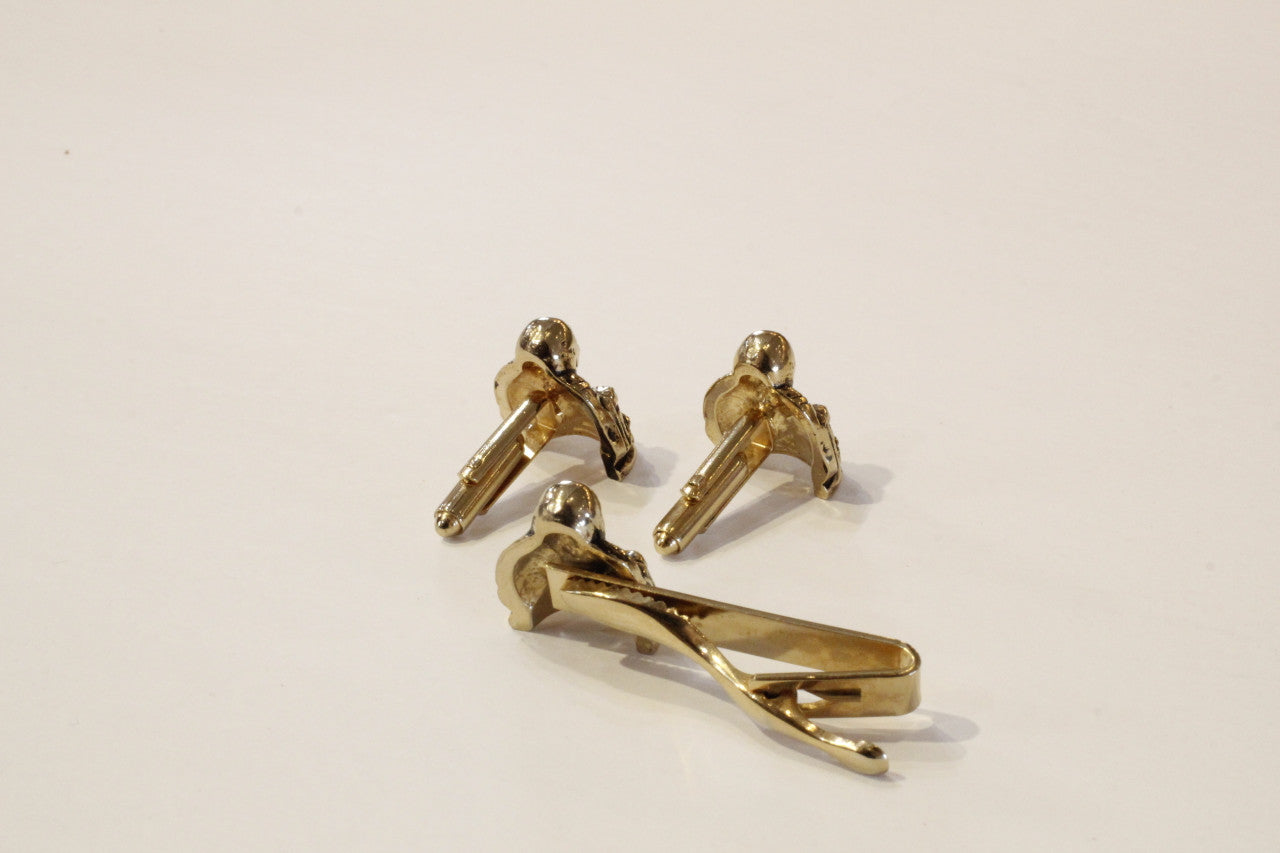 Vintage Buddha cufflinks and tie clip set - gold tone