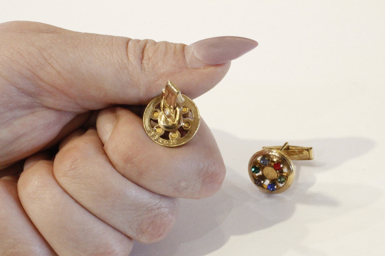 Multi Coloured Rhinestone Gold Plated Round Cuff Links, Vintage