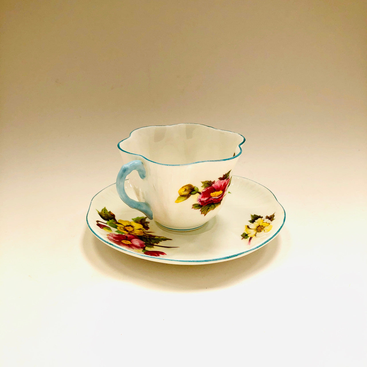 Shelley, Dainty,  Begonia, Floral with Blue Trim, Cup, Tea cup, Teacup, Saucer, Vintage, Fine Bone China, England