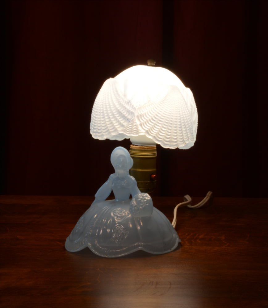 Vintage, Blue, Glass, Figural, Figurine, Table Lamp, Apex, Lady with Umbrella