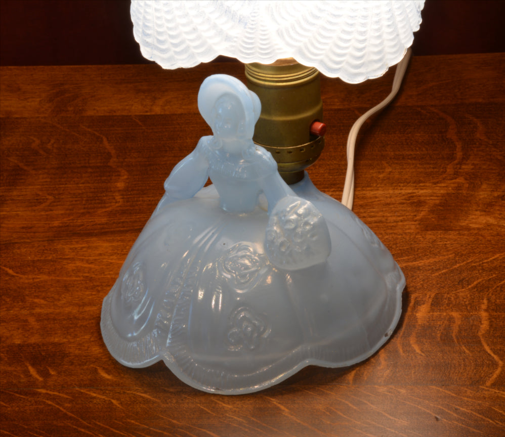Vintage, Blue, Glass, Figural, Figurine, Table Lamp, Apex, Lady with Umbrella