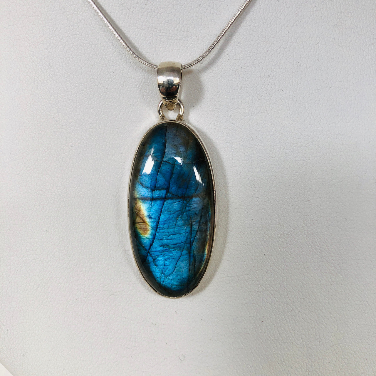 Pendant, Labradorite, Oval, Long, Cabochon, Sterling Silver, Silver, Large