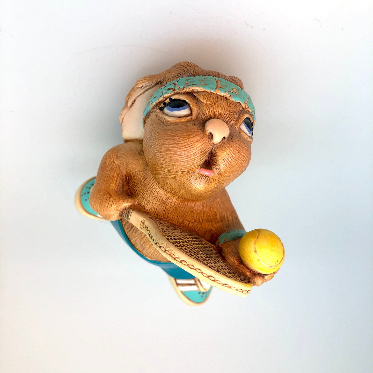 Pendelfin, Figurine, Tennyson, Dark Green, (RARE), Turquoise, Tennis Racquet, Serve, , Rabbit, Bunny, Ceramic, Stonecraft, Jean Walmsely Heap, Figurine, Vintage, Burnley, England