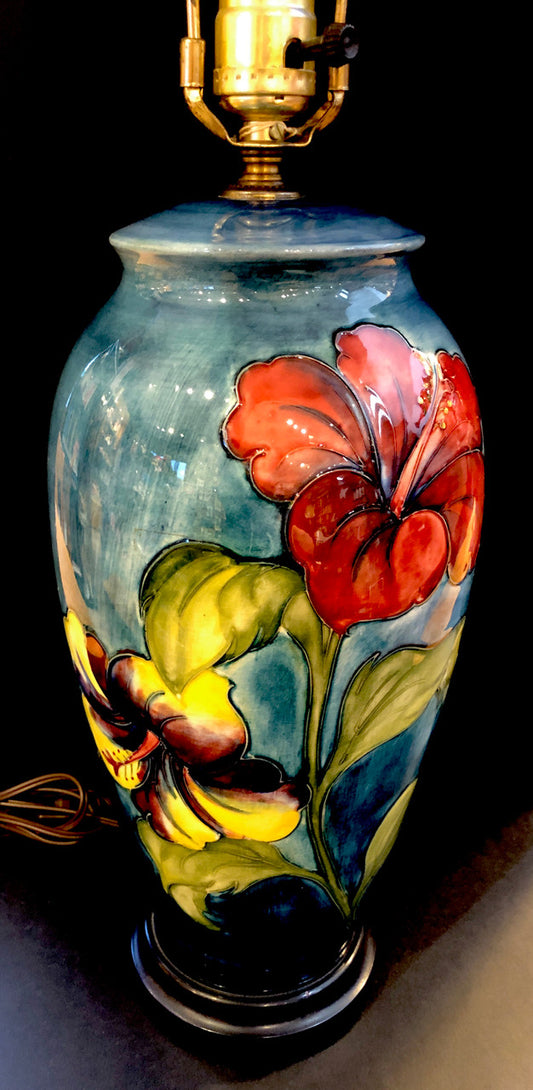 Moorcroft, Hibiscus, Lamp, Electric, Art Pottery, Ceramic, Table Lamp, Vintage, Floral, Made in England