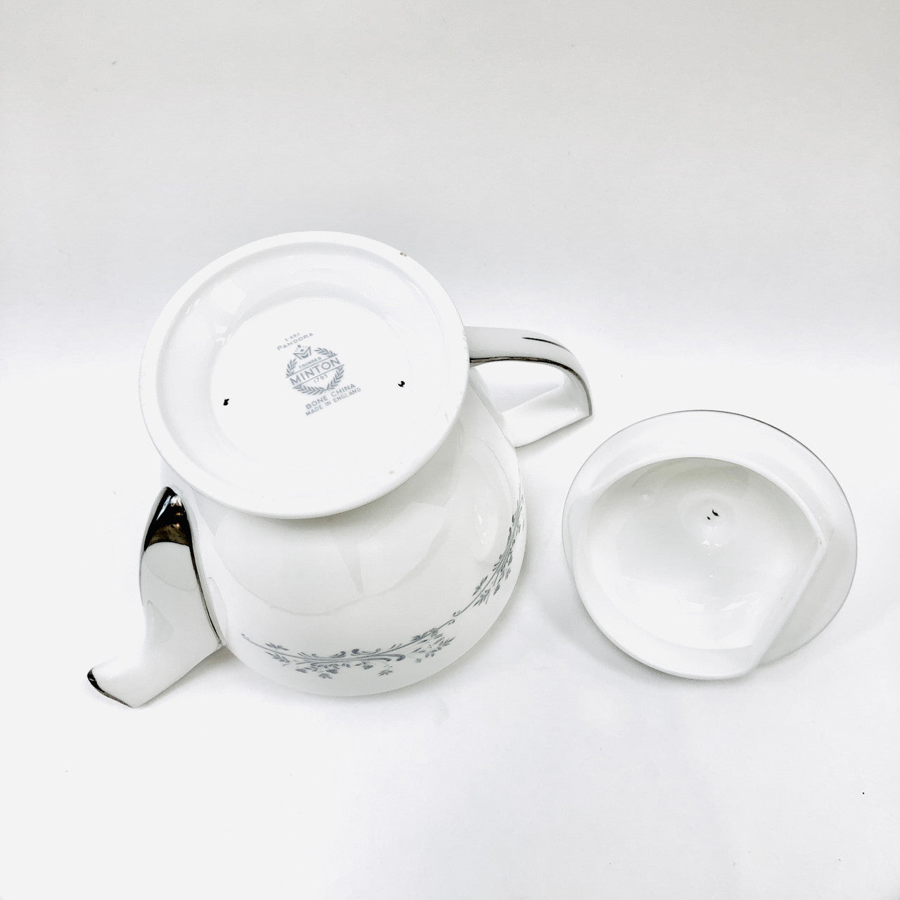 Minton Pandora Teapot, Tea Pot, Vintage, Floral, Grey, Platinum, Fine Bone China