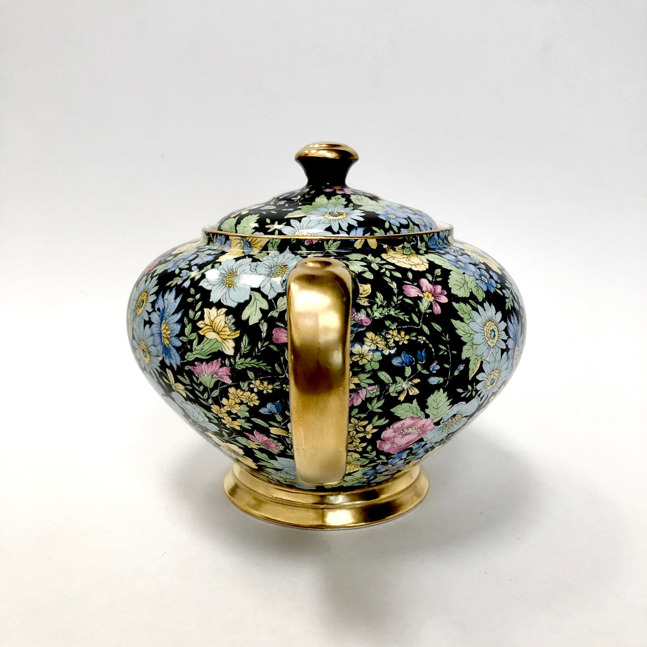 Teapot, Tea Pot, Empire Ware, Marguerite, Chintz, Black, Floral, Antique, Vintage, Gold Trimmed