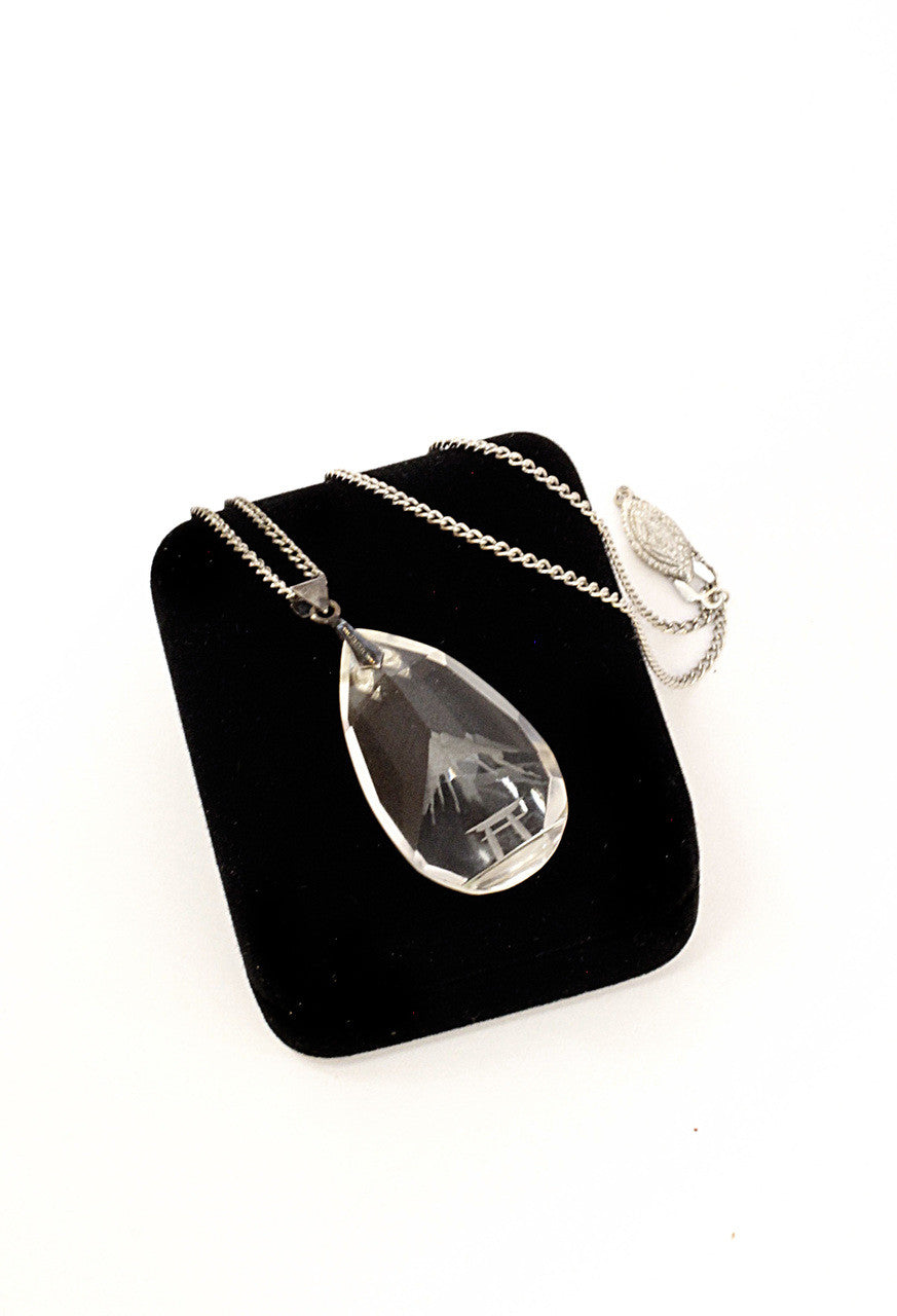 Vintage, Etched, Crystal, Pendant, Sterling Silver Chain, Necklace