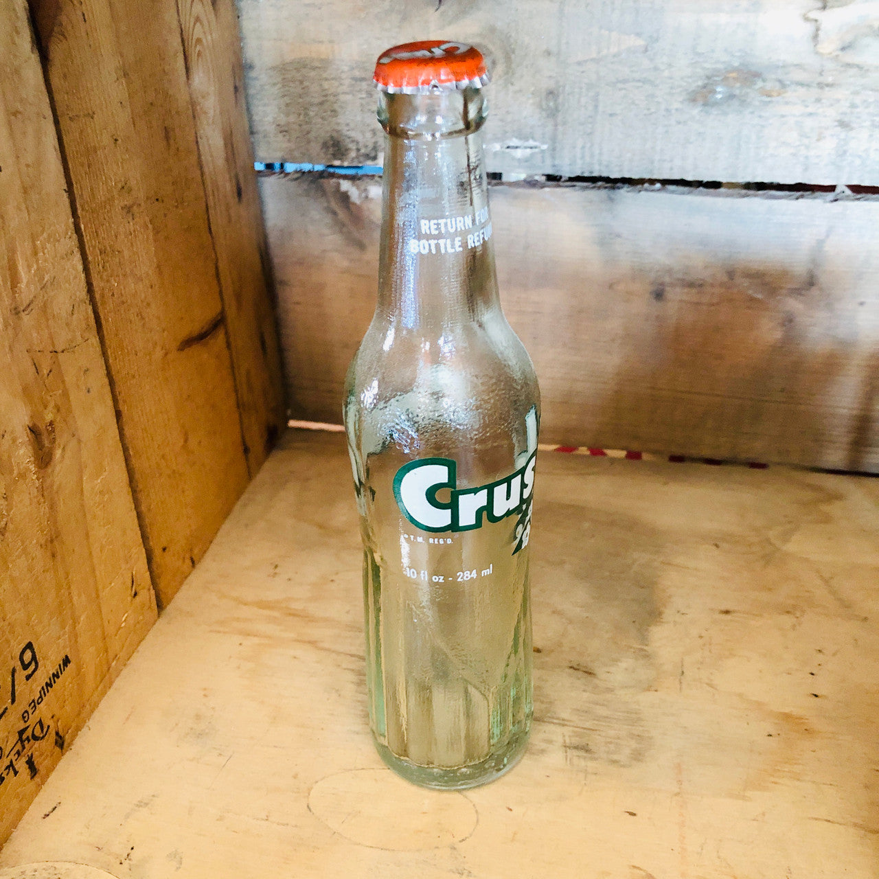 Vintage, Glass, bottle, Crush, 10 FL OZ, Green, White, Label, Bilingual English-French