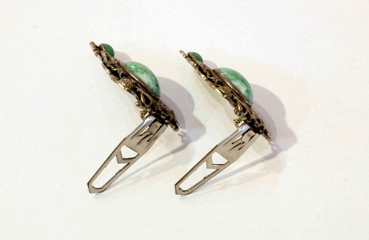 Antique, Dress Clips, Triangular, Oval Bezel, Green, Metal, brass