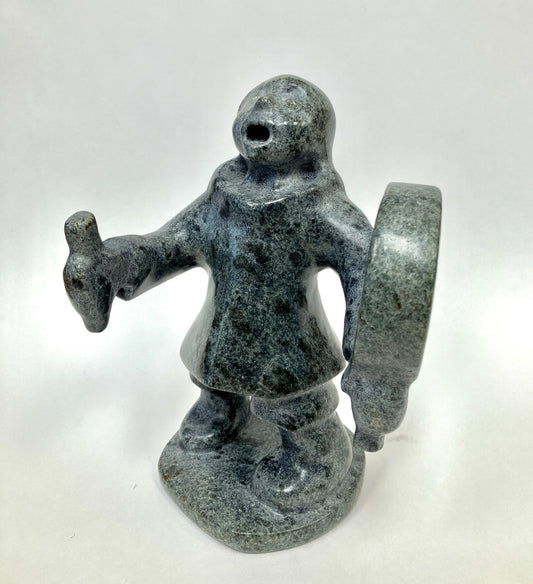 Soapstone Sculpture, Inuit, Drum Singer, Pitsulak Pinguatuk, Kangiqsujuaq, Nunavik, Hand Carved