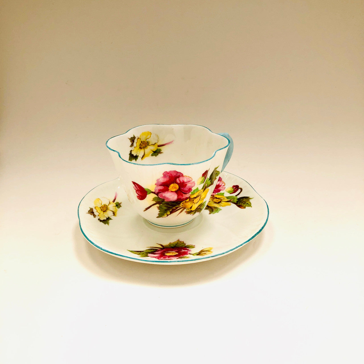Shelley, Dainty,  Begonia, Floral with Blue Trim, Cup, Tea cup, Teacup, Saucer, Vintage, Fine Bone China, England