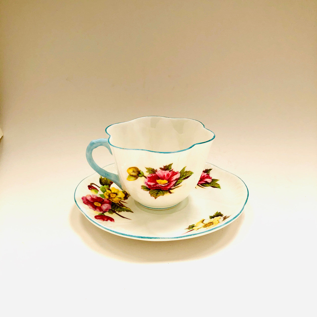 Shelley, Dainty,  Begonia, Floral with Blue Trim, Cup, Tea cup, Teacup, Saucer, Vintage, Fine Bone China, England