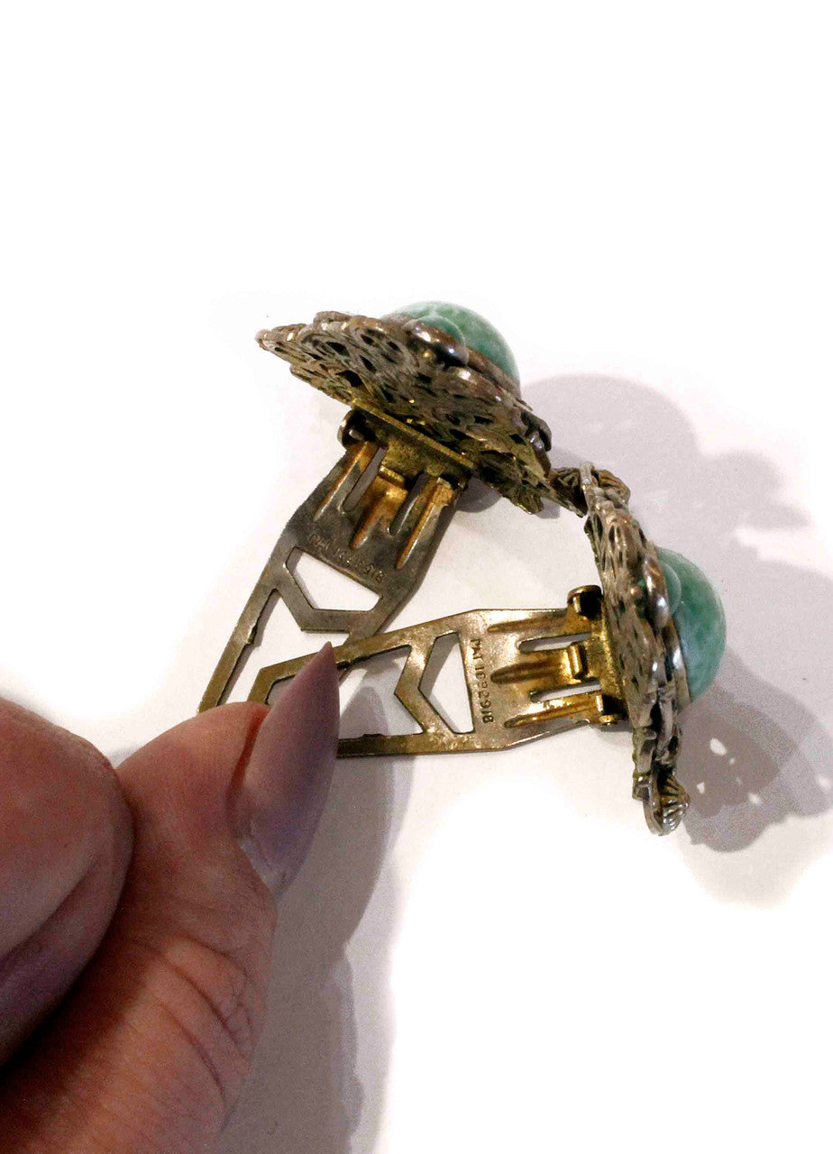 Antique, Dress Clips, Triangular, Oval Bezel, Green, Metal, brass