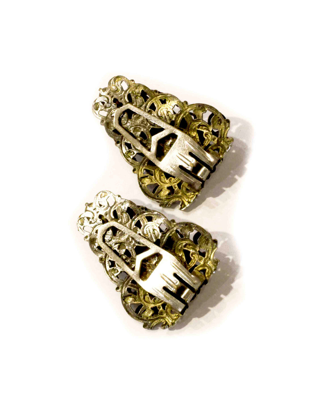 Antique, Dress Clips, Triangular, Oval Bezel, Green, Metal, brass