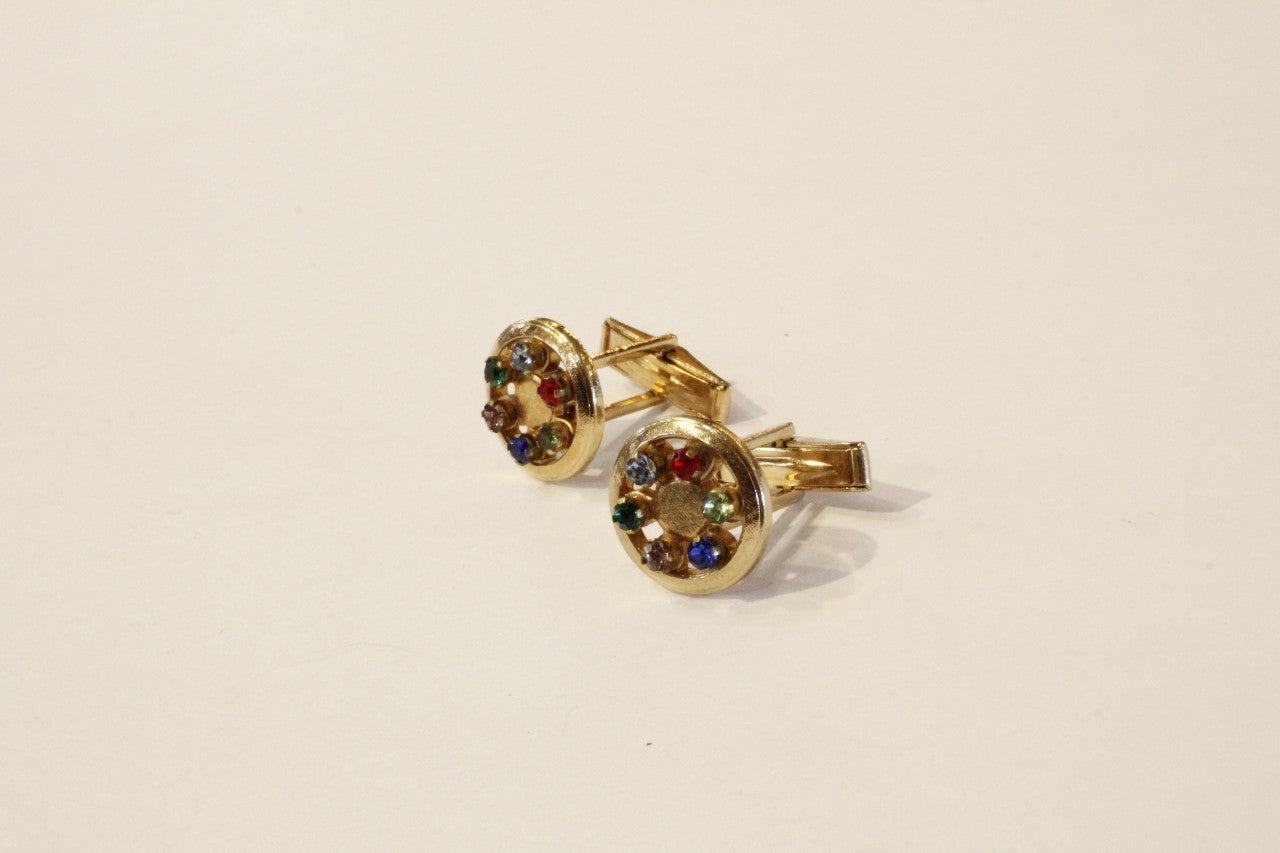 Multi Coloured Rhinestone Gold Plated Round Cuff Links, Vintage