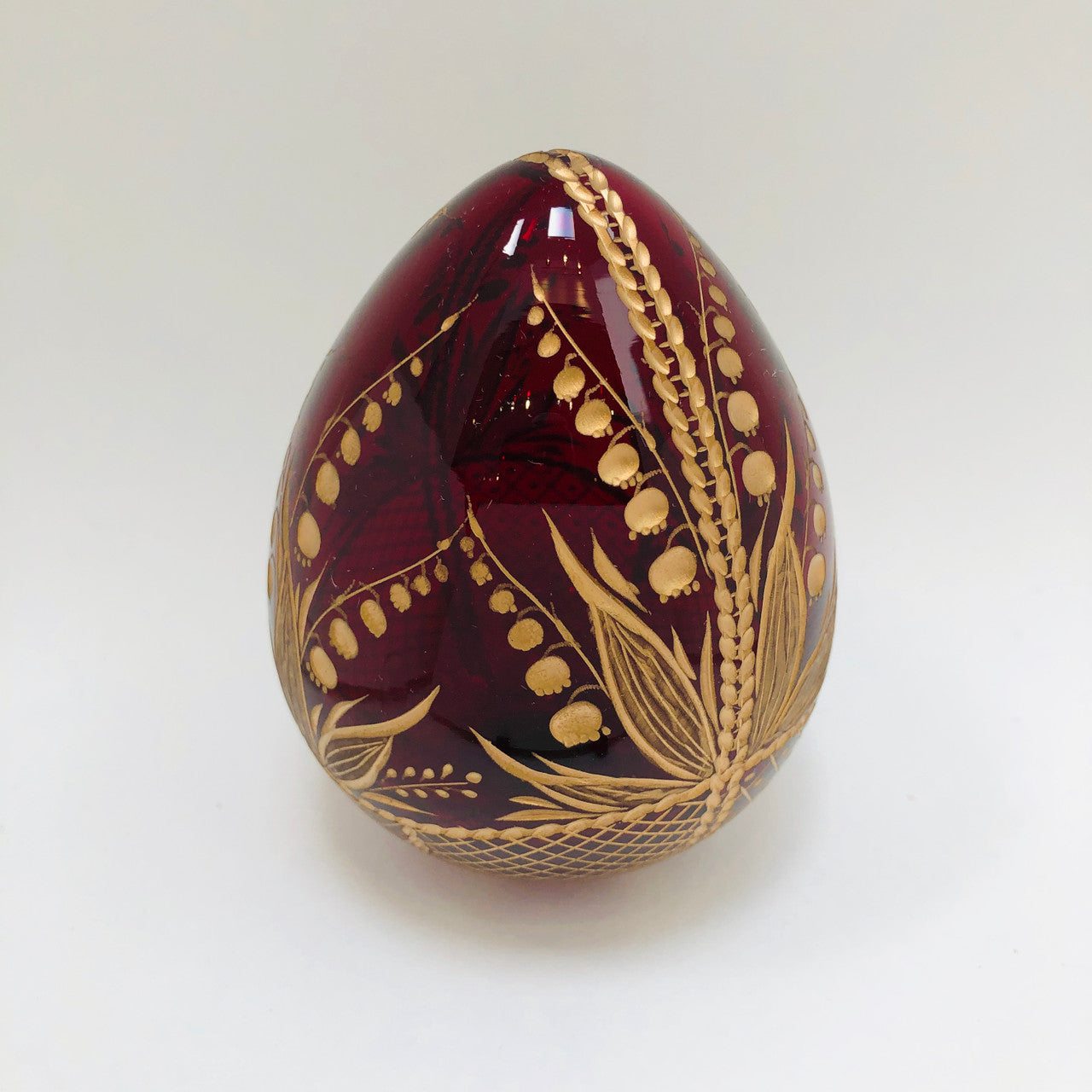 Russian, Faberge Style, Egg, Red, Cranberry, Glass, Engraved, Gold, Egg