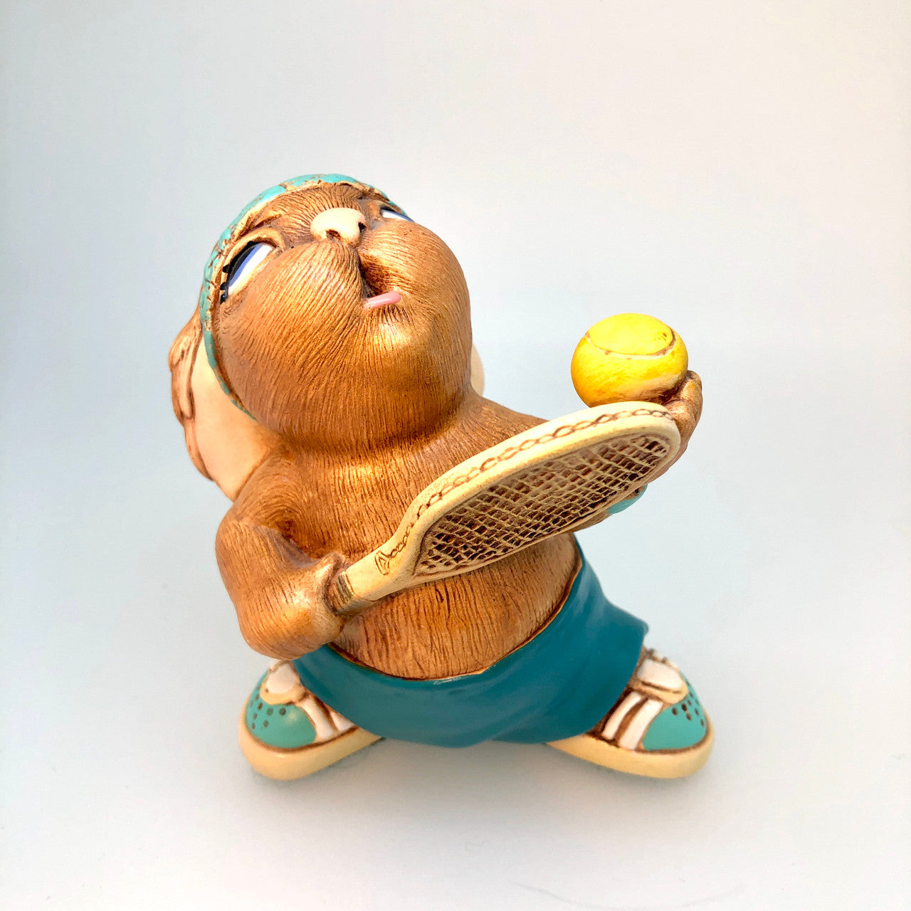 Pendelfin, Figurine, Tennyson, Dark Green, (RARE), Turquoise, Tennis Racquet, Serve, , Rabbit, Bunny, Ceramic, Stonecraft, Jean Walmsely Heap, Figurine, Vintage, Burnley, England