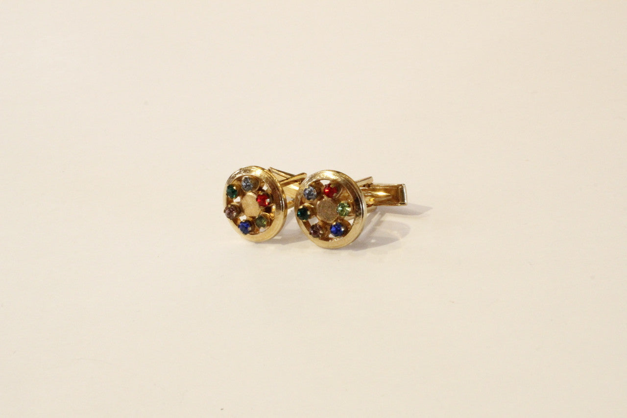 Multi Coloured Rhinestone Gold Plated Round Cuff Links, Vintage