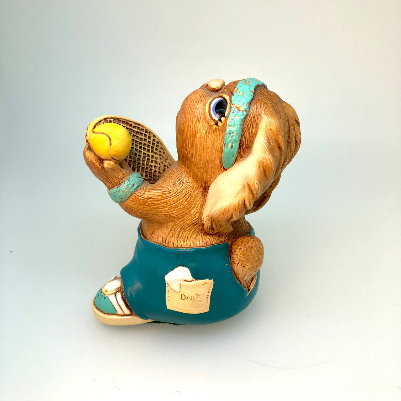 Pendelfin, Figurine, Tennyson, Dark Green, (RARE), Turquoise, Tennis Racquet, Serve, , Rabbit, Bunny, Ceramic, Stonecraft, Jean Walmsely Heap, Figurine, Vintage, Burnley, England