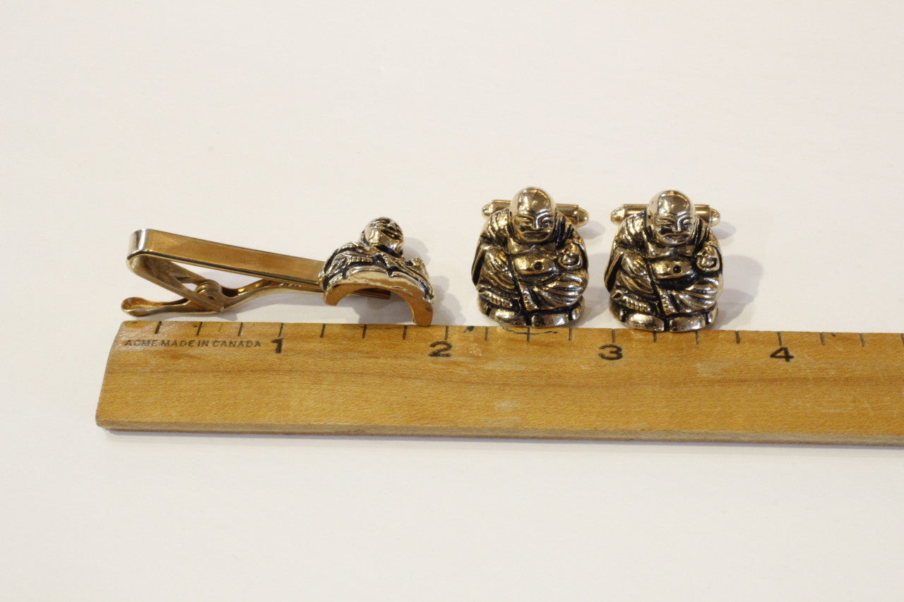 Vintage Buddha cufflinks and tie clip set - gold tone