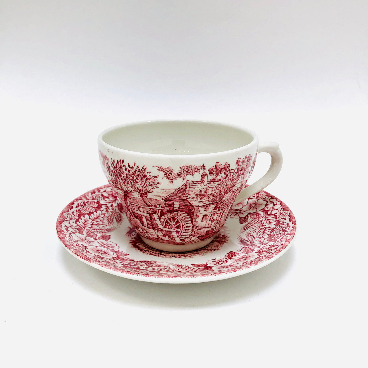 The Constable Series Bicentennial, 1776-1976, Tea Cup, Teacup, Cup and Saucer, J Broadhurst, Ironstone, Red Etched Old-Fashioned Rural Scene, United States Independence
