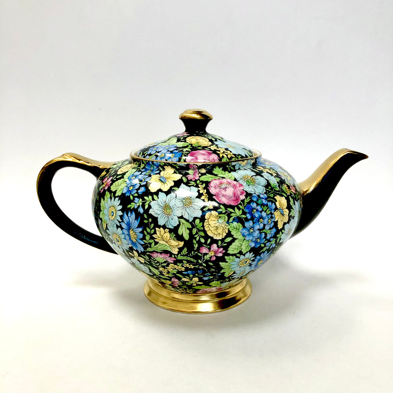 Teapot, Tea Pot, Empire Ware, Marguerite, Chintz, Black, Floral, Antique, Vintage, Gold Trimmed
