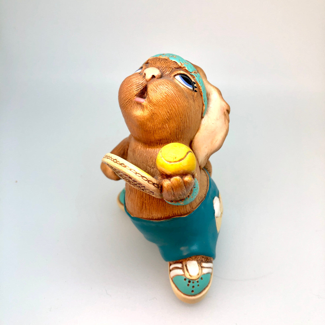 Pendelfin, Figurine, Tennyson, Dark Green, (RARE), Turquoise, Tennis Racquet, Serve, , Rabbit, Bunny, Ceramic, Stonecraft, Jean Walmsely Heap, Figurine, Vintage, Burnley, England