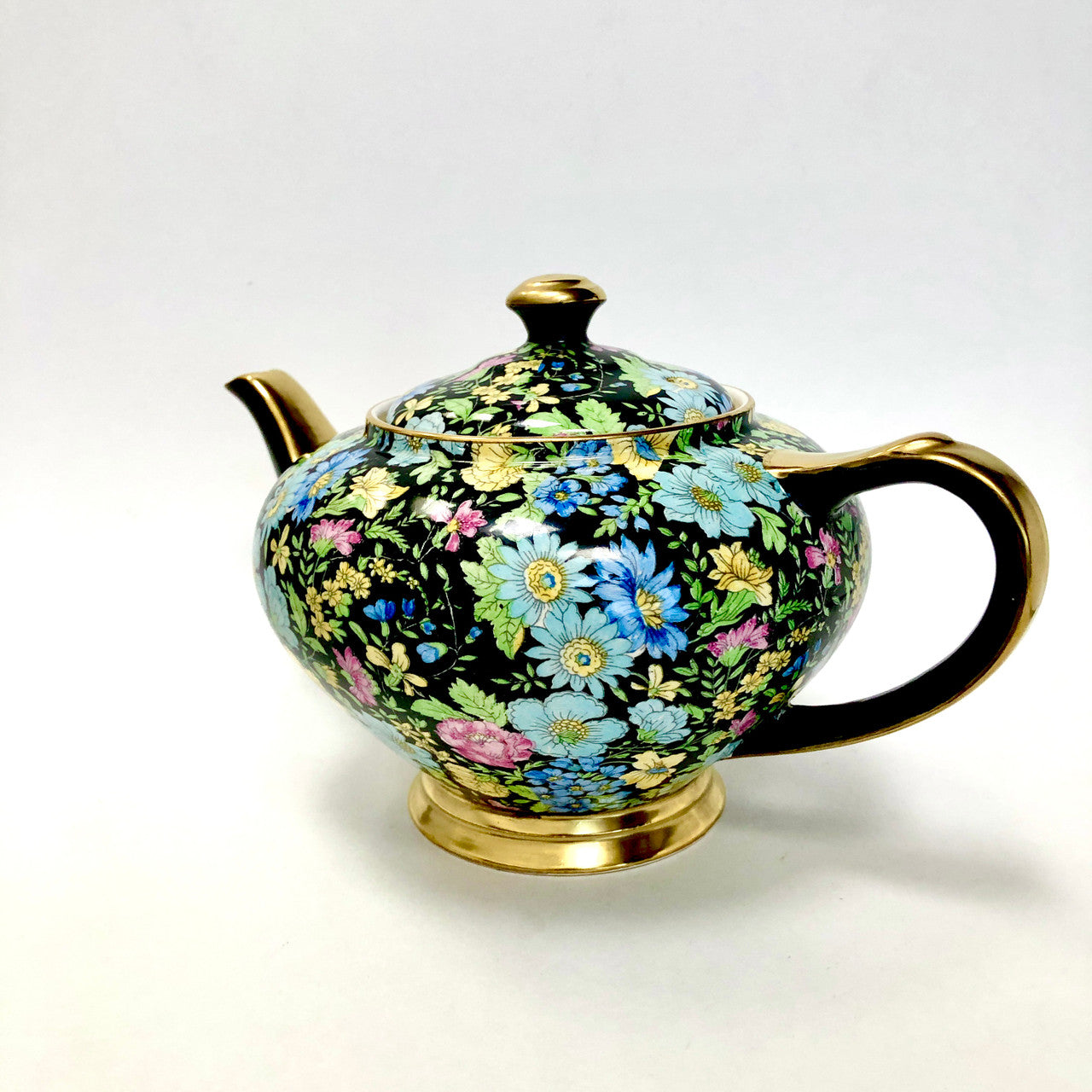 Teapot, Tea Pot, Empire Ware, Marguerite, Chintz, Black, Floral, Antique, Vintage, Gold Trimmed