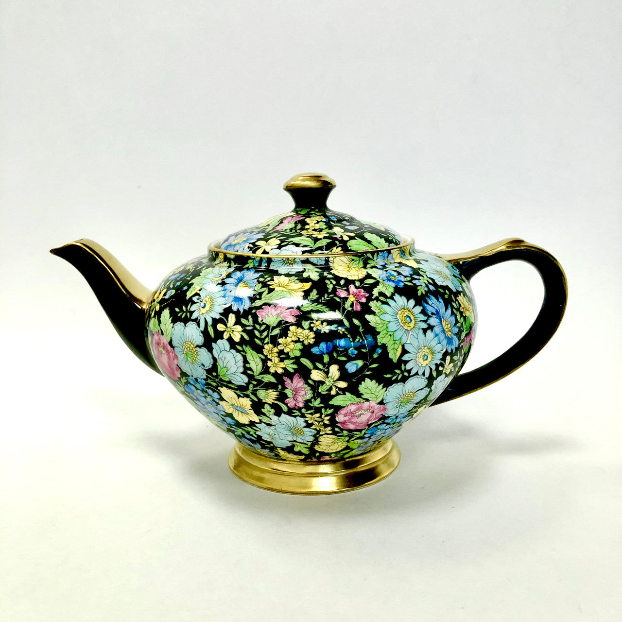 Teapot, Tea Pot, Empire Ware, Marguerite, Chintz, Black, Floral, Antique, Vintage, Gold Trimmed