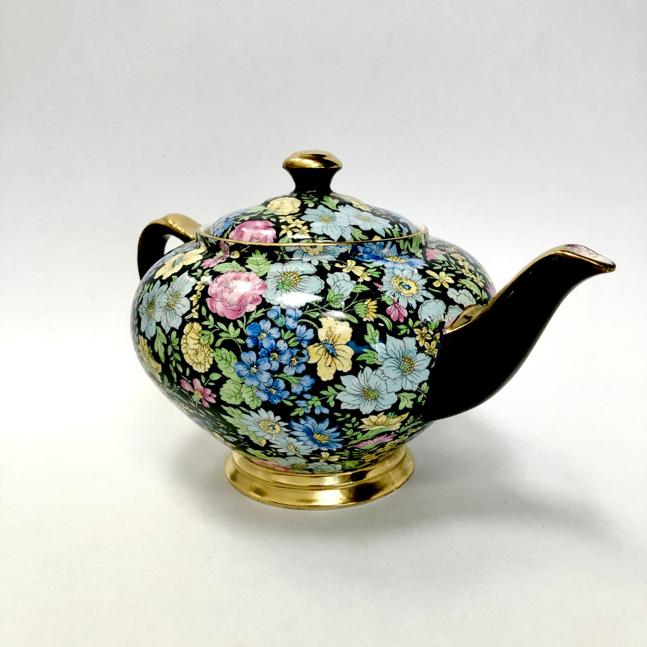 Teapot, Tea Pot, Empire Ware, Marguerite, Chintz, Black, Floral, Antique, Vintage, Gold Trimmed
