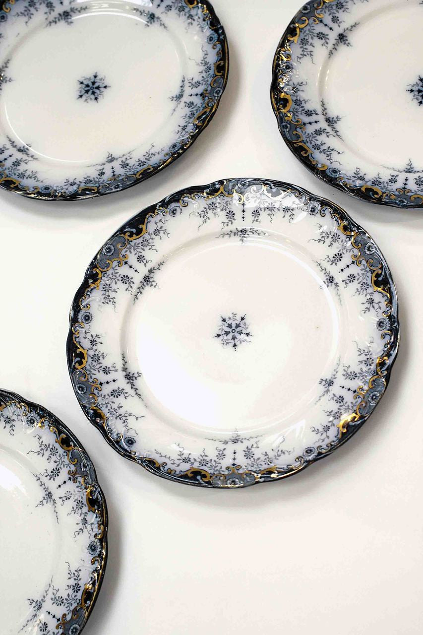 Ridgways, Turenne, dark blue, gold, edge, embellishment, floral, fine, plates, set of 4