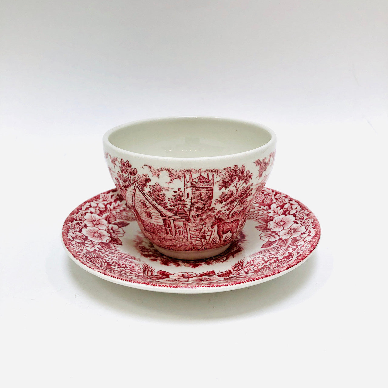 The Constable Series Bicentennial, 1776-1976, Tea Cup, Teacup, Cup and Saucer, J Broadhurst, Ironstone, Red Etched Old-Fashioned Rural Scene, United States Independence