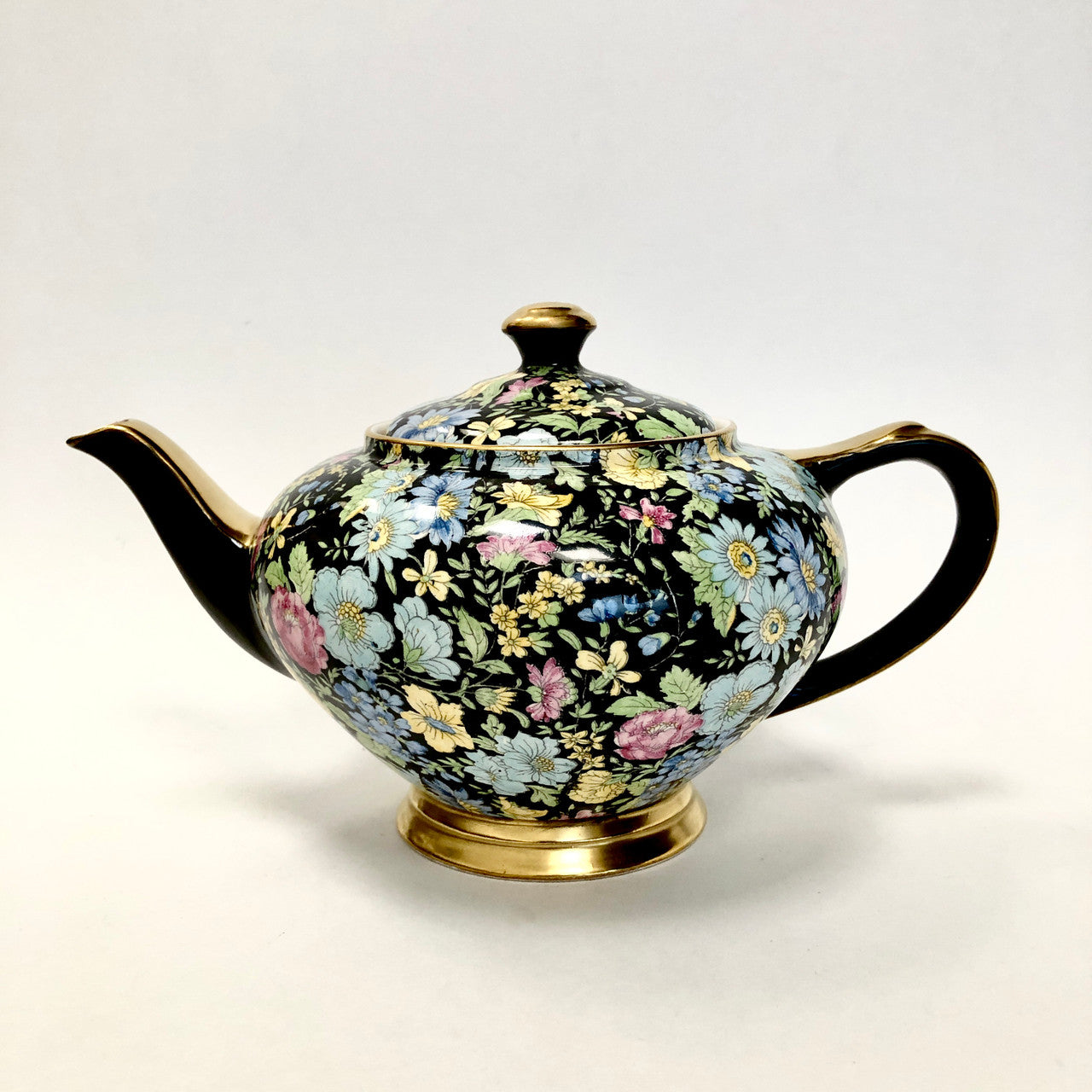 Teapot, Tea Pot, Empire Ware, Marguerite, Chintz, Black, Floral, Antique, Vintage, Gold Trimmed