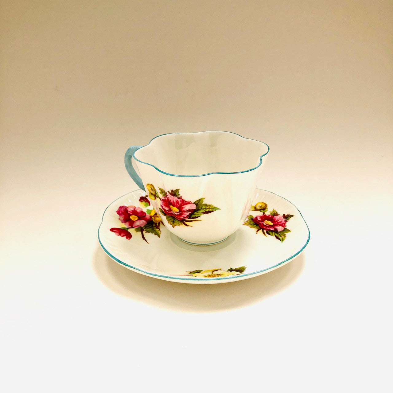 Shelley, Dainty,  Begonia, Floral with Blue Trim, Cup, Tea cup, Teacup, Saucer, Vintage, Fine Bone China, England