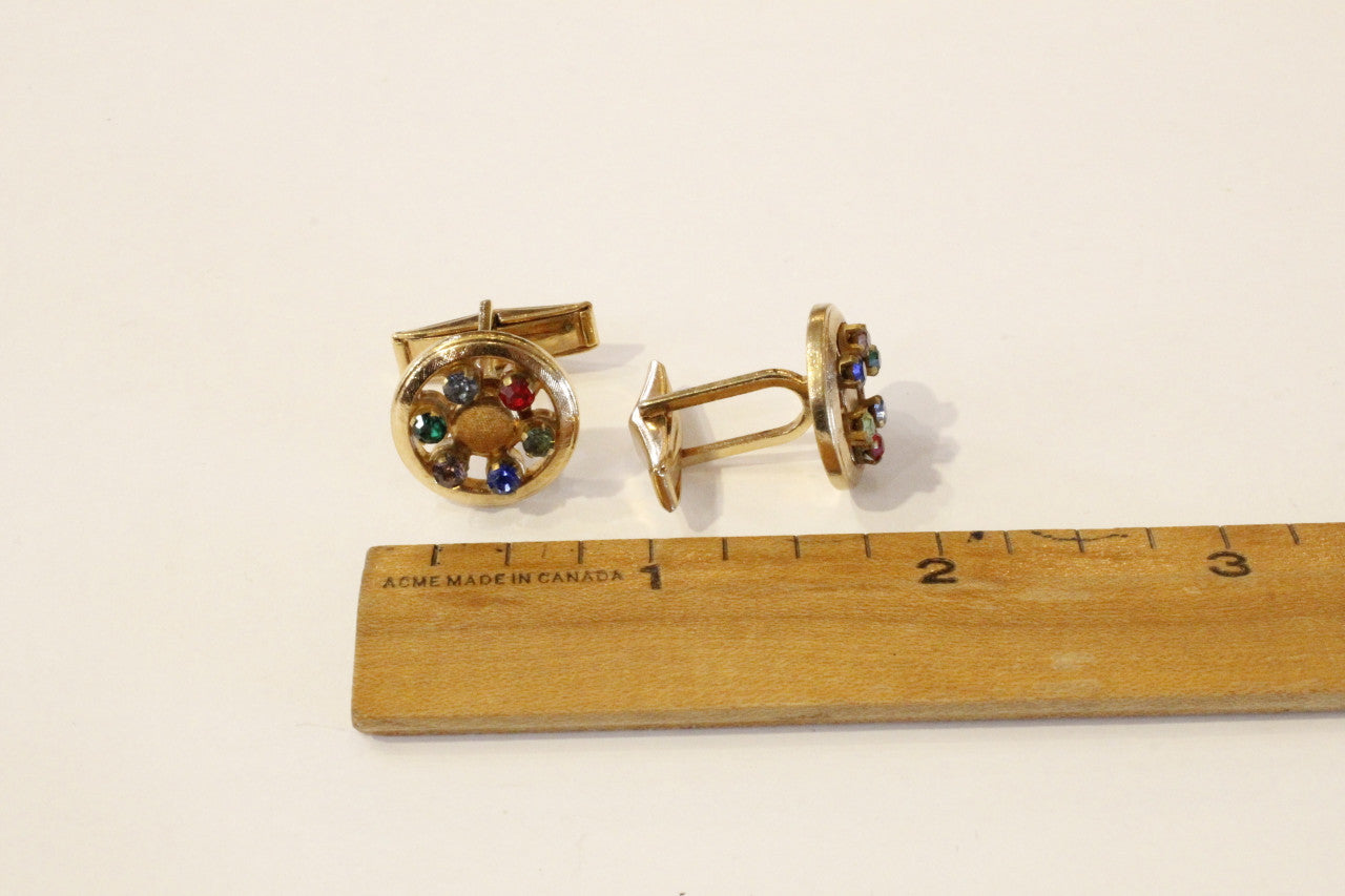 Multi Coloured Rhinestone Gold Plated Round Cuff Links, Vintage