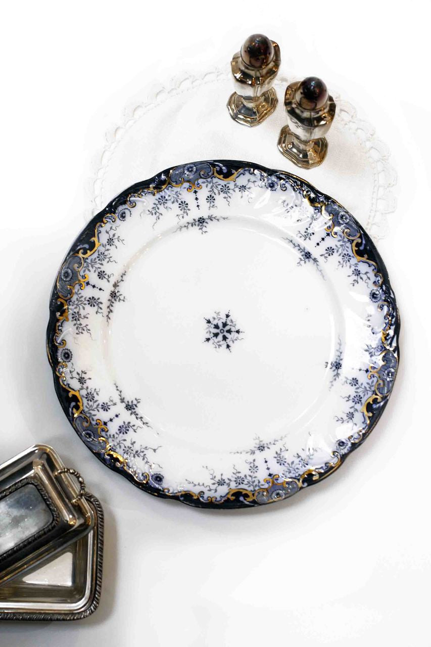 Ridgways, Turenne, dark blue, gold, edge, embellishment, floral, fine, plates, set of 4