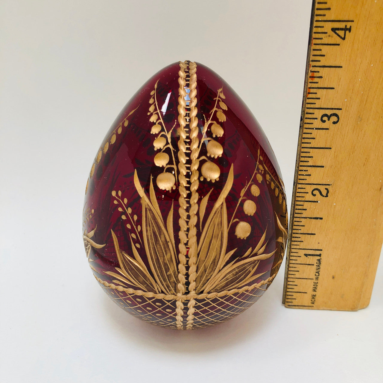 Russian, Faberge Style, Egg, Red, Cranberry, Glass, Engraved, Gold, Egg