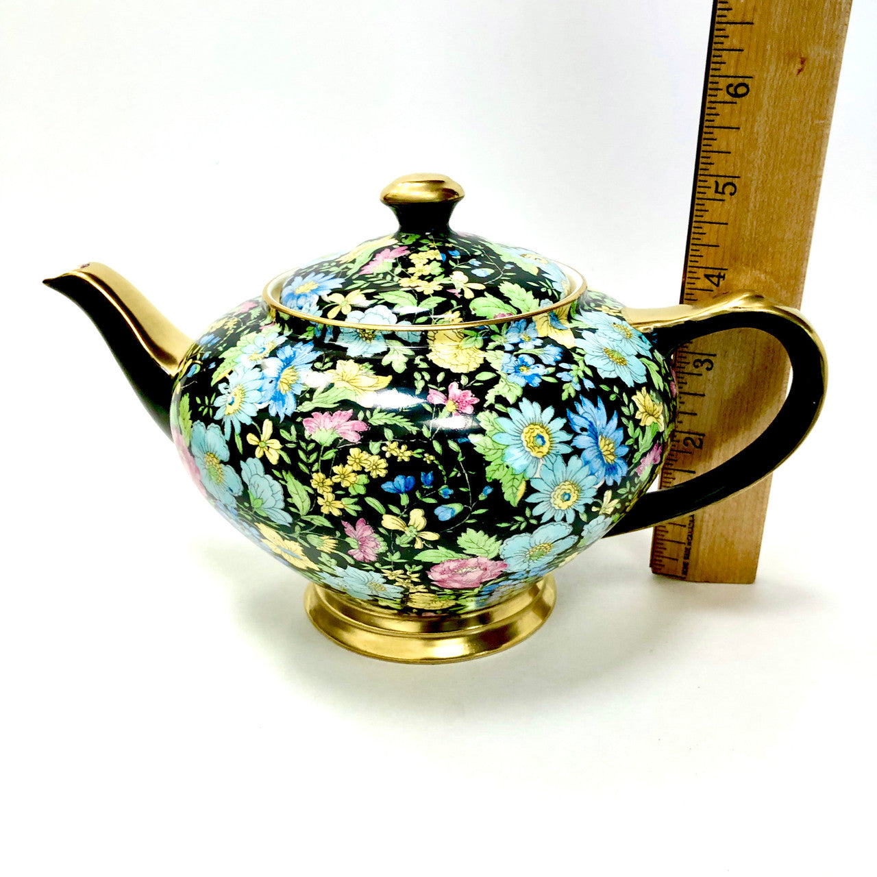 Teapot, Tea Pot, Empire Ware, Marguerite, Chintz, Black, Floral, Antique, Vintage, Gold Trimmed