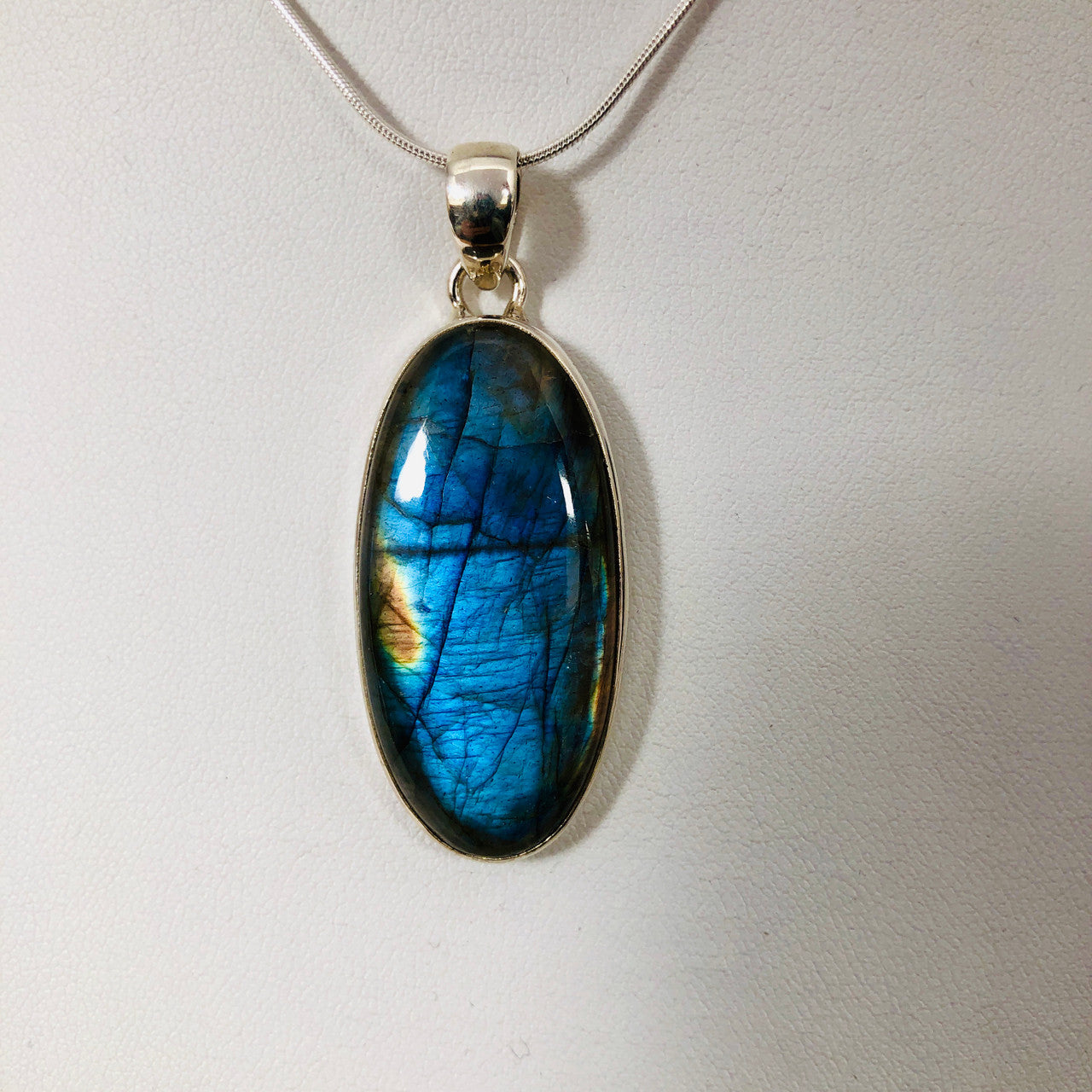 Pendant, Labradorite, Oval, Long, Cabochon, Sterling Silver, Silver, Large