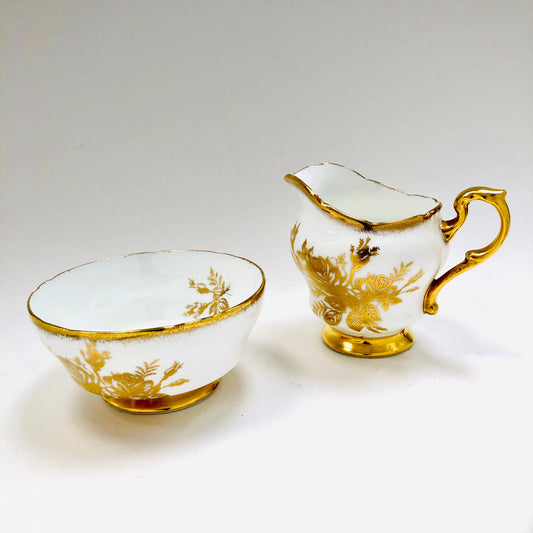 Paragon, Anniversary Rose, White, Gold, Rose, Cream, and, Sugar, Vintage, Fine Bone China, England