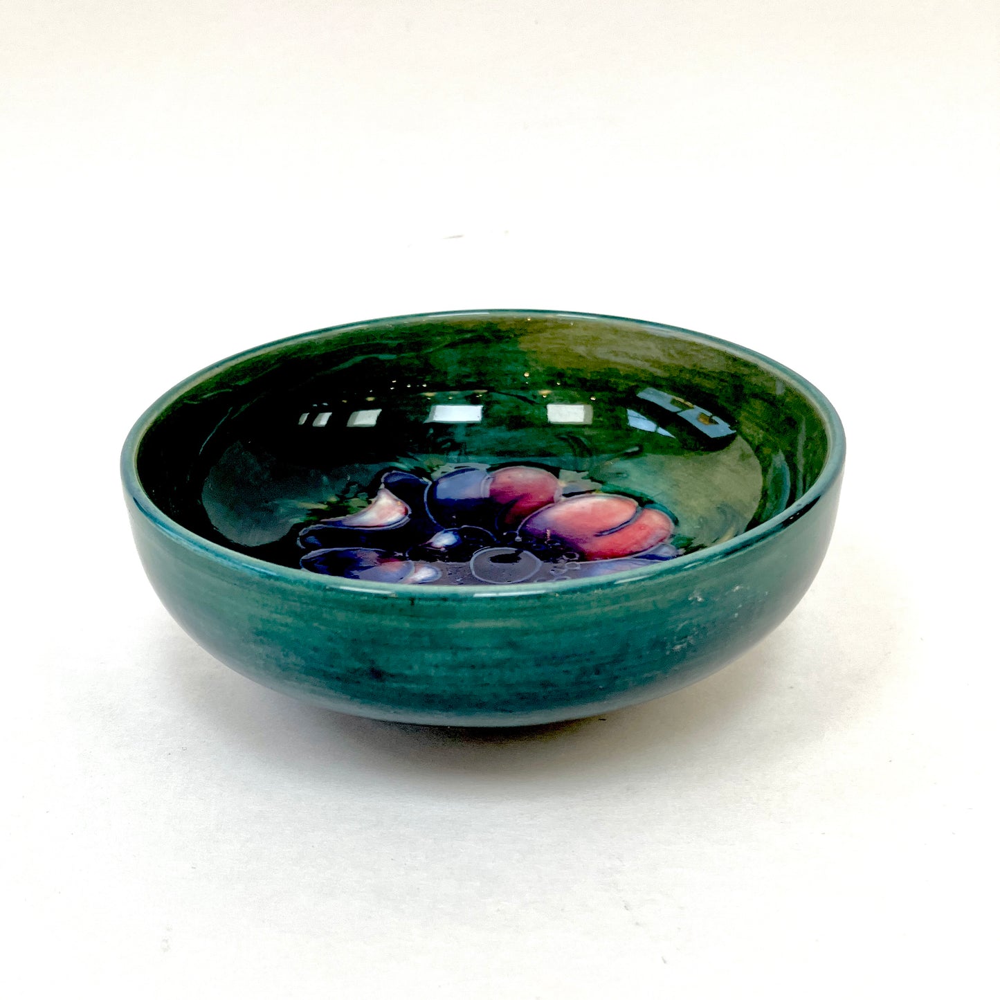 Moorcroft, Small Bowl, Trinket Bowl, Anemone, Blue, Pink Blossoms, on Dark Green Background, Vintage, ~1940s